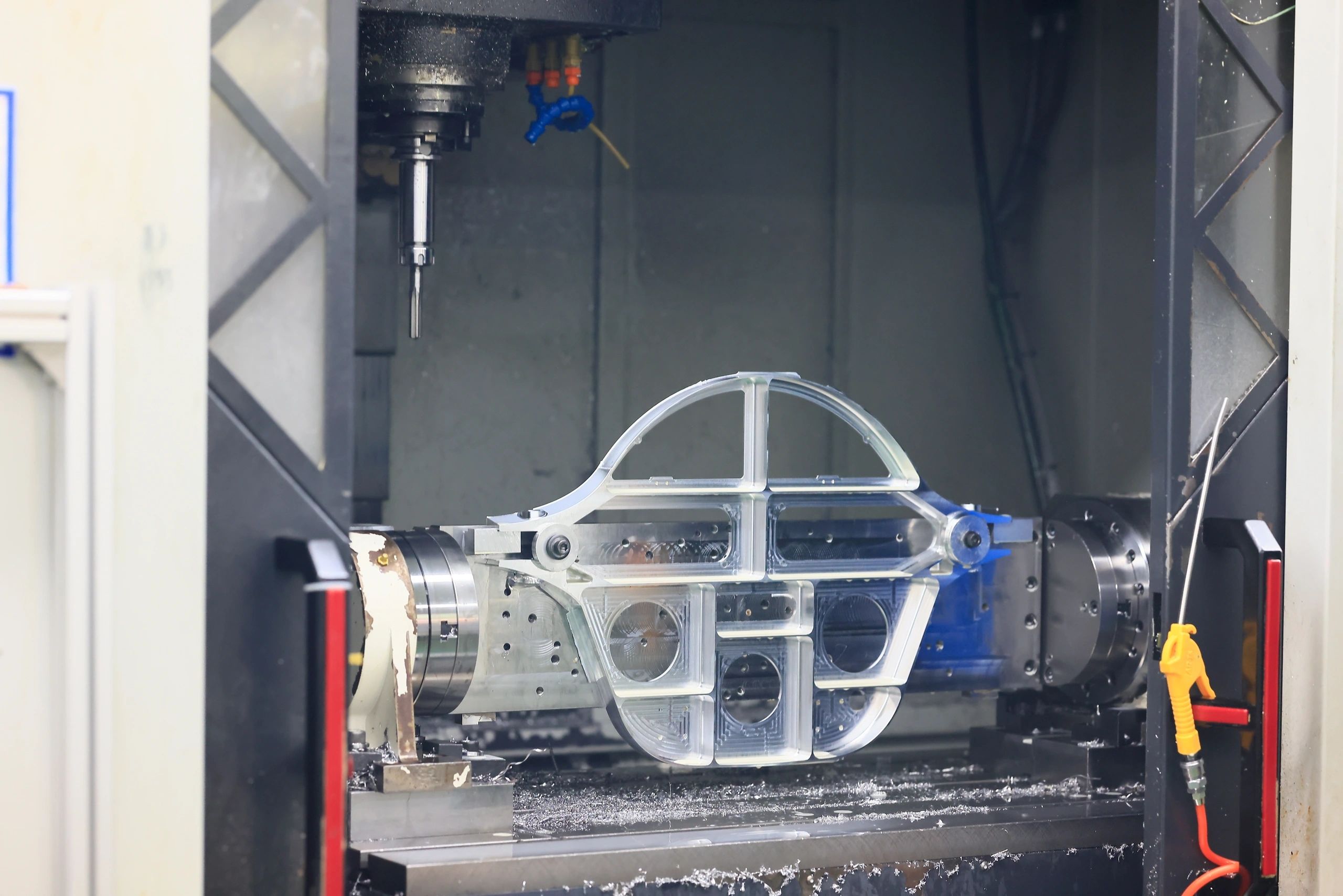 5-axis machined aluminium aircraft chassis frame in the machine