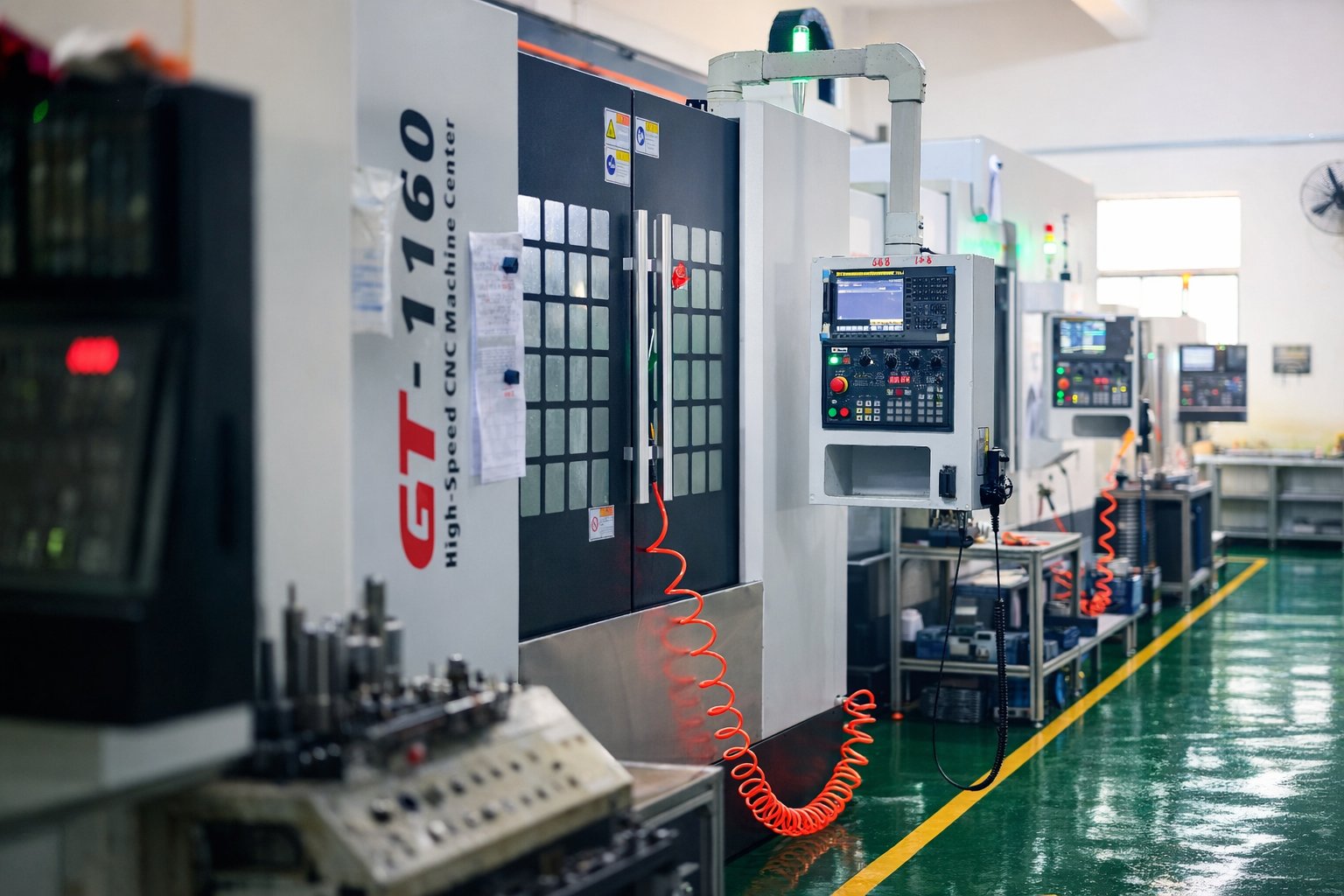 High-speed CNC machining centres along the production aisle at Fenva Precision