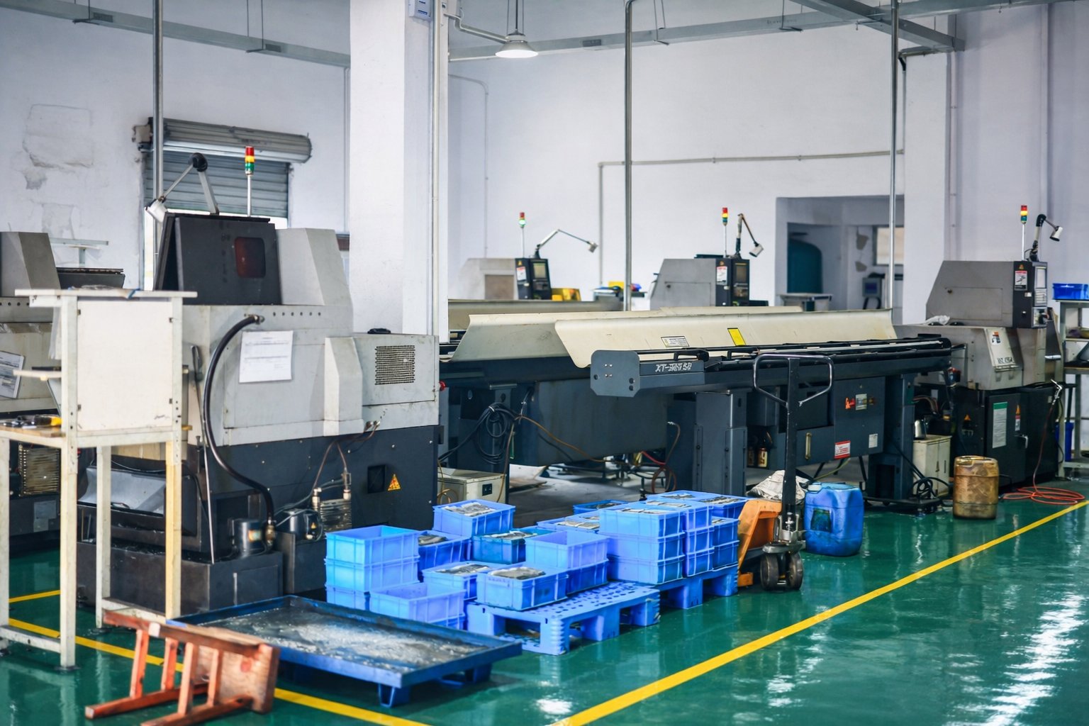 CNC turning centres with bar feeders and staged work-in-process bins