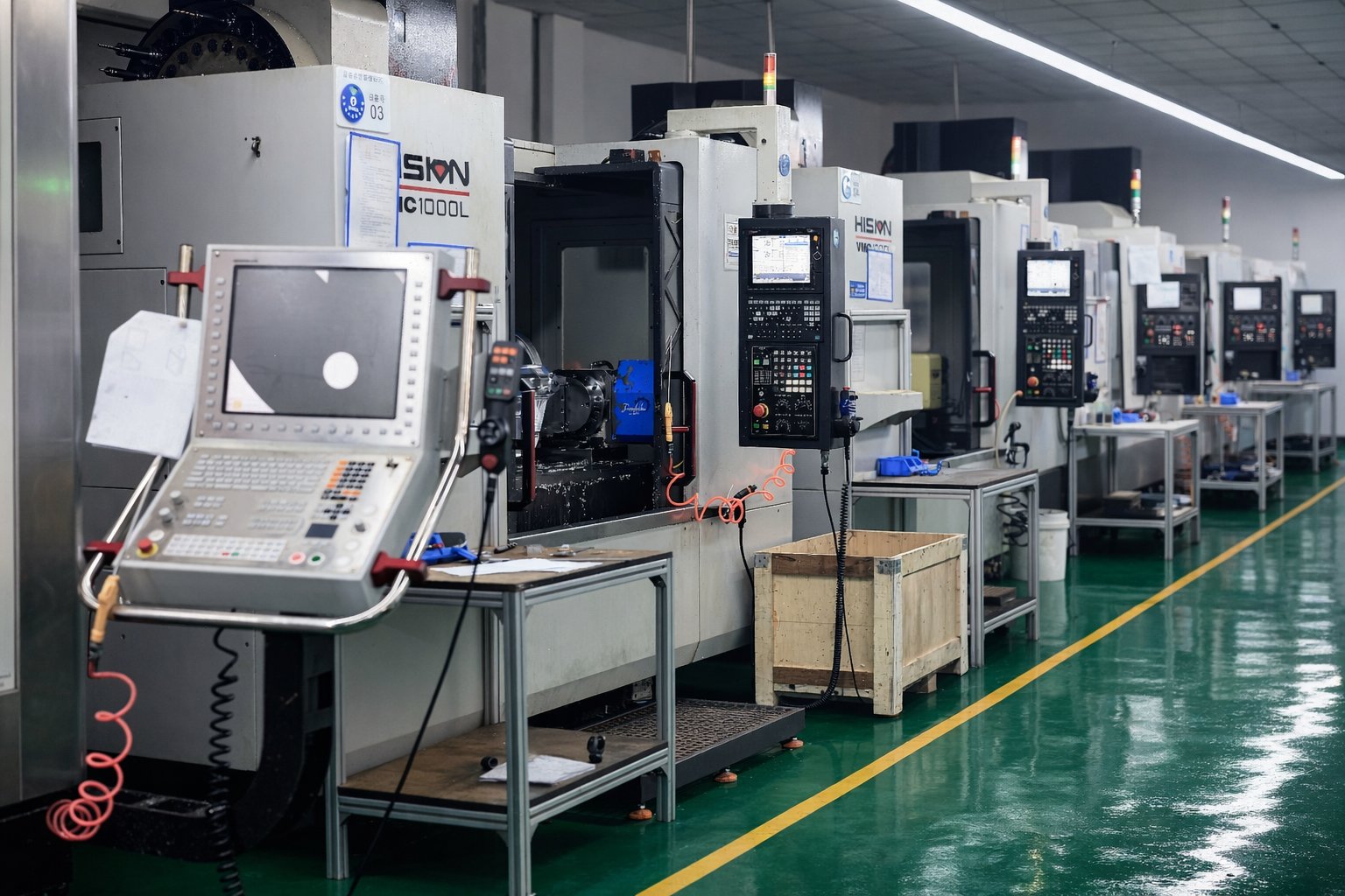 Row of CNC machining cells, including a 5-axis machining centre, at Fenva Precision